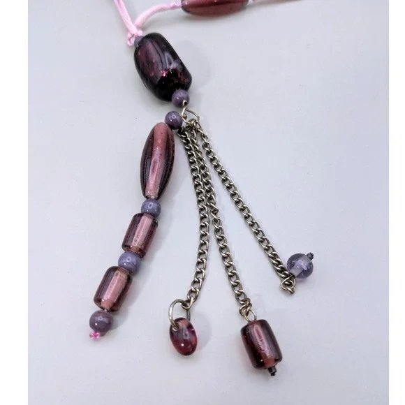 Pink Ribbon Negligee Necklace with Purple‎ Dangling Beads - Picture 2 of 4